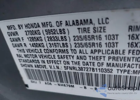 2007 Honda Odyssey Ex-L z USA, uszkodzony, nr VIN 5FNRL38727B110352